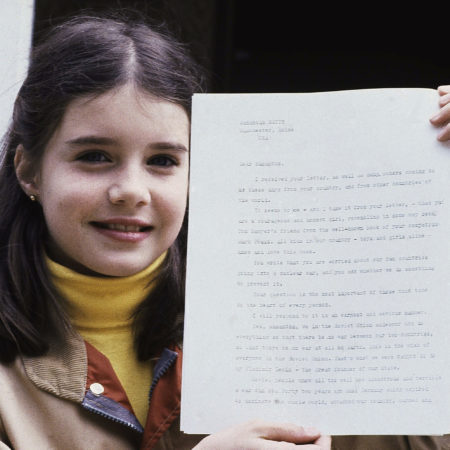 Samantha Smith, of Manchester, Maine, holds letter she received from Soviet leader Yuri Andropov on April 26, 1983 in Manchester, Maine. (AP Photo/Patricia Wellenbach)